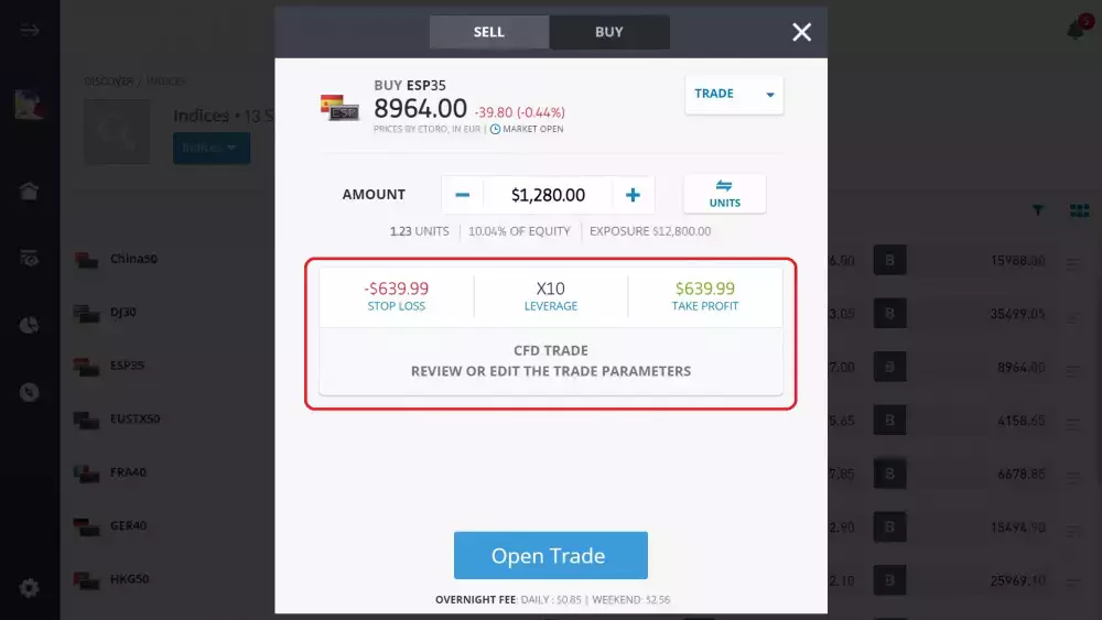 Reviewing stop-loss, leverage and take profit on ESP35 CFD trade